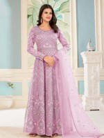 Light Lavender Butterfly Net Designer Anarkali Salwar Kameez